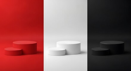 Minimalist product display podiums in red white and black for showcasing luxury items and cosmetic products in a modern and elegant presentation style
