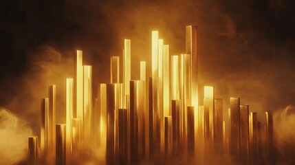 Stunning abstract gold bars shimmering with vibrant light, symbolizing wealth, success, and luxury in a dramatic, modern design.