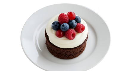 Isolated Photo Dessert Cake With Cream and Berries on White Plate