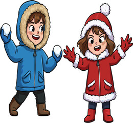 Winter kids playing snowball fight, cartoon vector illustration, happy children in snow, seasonal fun, outdoor activity, cad drawing flat vector illustration