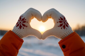 Hands in snowflake mittens forming heart shape around winter sunset, symbolizing love and warmth during xmas and new year season outdoors. Ai generative