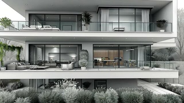 Modern multi-story building exterior with balconies, glass railings, and visible interior living spaces