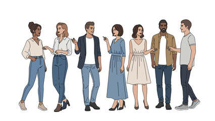 Fototapeta premium Diverse group of people communicating. Modern vector illustration of men and women talking, networking, and social interaction.