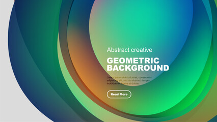 Vibrant overlapping circles create fluid geometric background. Text block present, button included. Modern design elements visible.