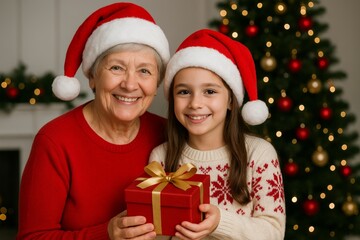 Happy grandmother and granddaughter in Santa hats holding Christmas gift box in front of festive tree and lights during cozy holiday celebration. Ai generative