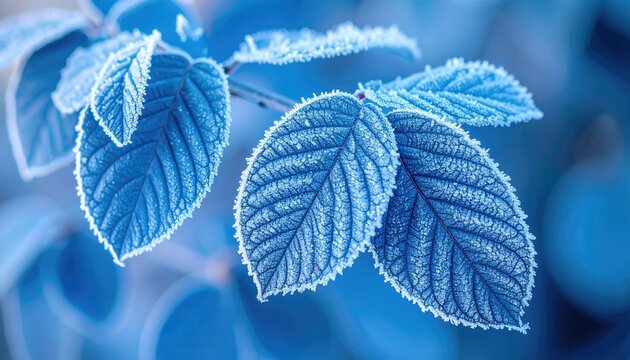 Close-up of Frost Covered Blue Leaves in Soft Morning Light with a Blurred Blue Background - Powered by Adobe