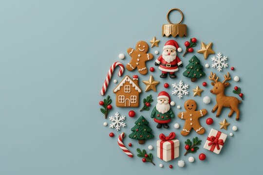Christmas ornament shape made of festive cookies, Santa, gifts, snowflakes, reindeer and candy canes on pastel blue background. Ai generative. Ai generative