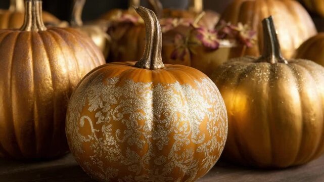 Decorative pumpkins arranged on a wooden surface, one with a pale damask pattern.