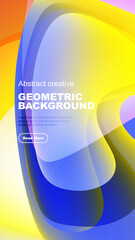 Abstract geometric background features vibrant overlapping shapes. Yellow, orange, blue hues create dynamic visual effect. Text present.
