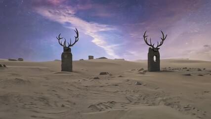 A misty twilight valley filled tall standing stones. massive deer skull rests glowing portal circle carved earth. Faint golden runes stones forgotten magic. fluid, aurora light skull’s horns - Powered by Adobe