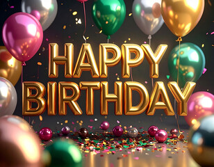 Happy Birthday Celebration with Golden Text and Colorful Balloons