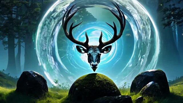 A misty twilight valley filled tall standing stones. massive deer skull rests glowing portal circle carved earth. Faint golden runes stones forgotten magic. fluid, aurora light skull&rsquo;s horns