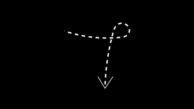Animated dashed line arrow pointing down with loop motion graphic on black background abstract