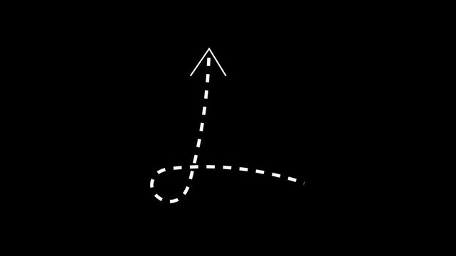 Animated dashed arrow pointing up with a curved path and a small dot at the tip on black