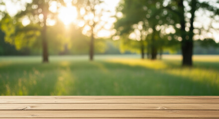 Wooden surface in foreground with blurred trees and sunlight in the background, creating a natural scene.