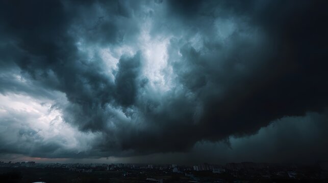 A dramatic wide angle view of dark swirling storm clouds gathering ominously over a city skyline at dusk