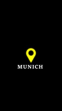 Yellow map pin icon glowing above the word Munich on black background location marker symbol