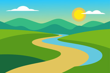 Fototapeta premium Landscape with river hills sun and clouds illustration