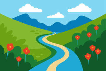 Fototapeta premium Cartoon landscape with river flowers and mountains