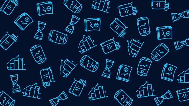 Seamless money pattern of graphics and sand timers in blue, suitable for backgrounds, presentations, time management concepts, and design projects.