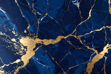 A dramatic, luxurious marble texture featuring deep navy blue and sapphire swirls, highlighted by cracks and splatters of metallic gold.