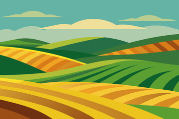 Illustration of rolling hills and cultivated fields