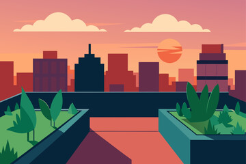 Cityscape view from rooftop garden at sunset time