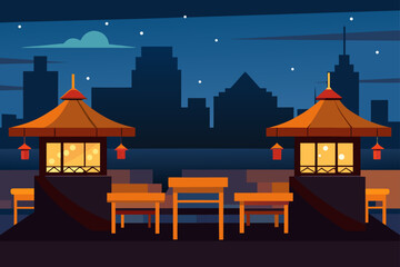 Illustration of a rooftop restaurant at night time