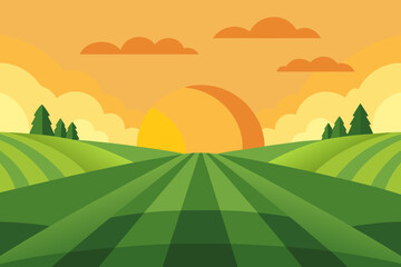 A landscape with fields trees and a bright sunset sky