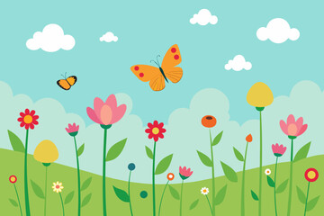 Butterflies and flowers in a cartoon spring meadow