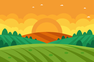 Landscape view of rolling hills with a sunset scene