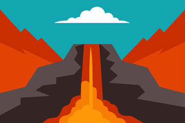 Illustration of a volcano with lava and mountains