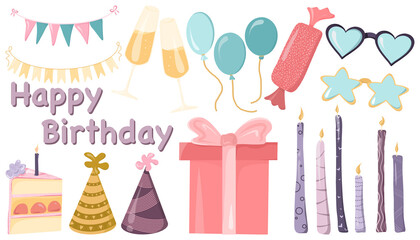 set for birthday celebrations, featuring colorful balloons, wrapped gifts, glasses, candles, and decorations. Each element is carefully designed in soft pastel shades to evoke joy, warmth, and playful