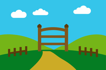 Illustration of a gate in a field with blue sky