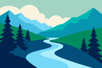 Landscape with river mountains and coniferous trees