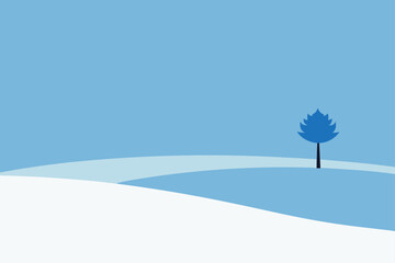 A winter landscape with a tree and snow covered hill