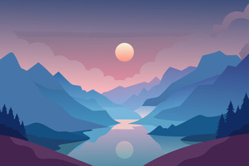 Landscape with mountains lake and sunset illustration