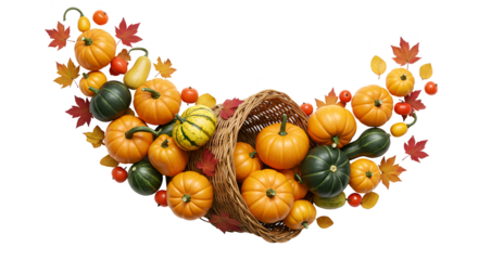 Isolated Photo Harvest Cornucopia Filled With Pumpkins Squash Autumn Leaves