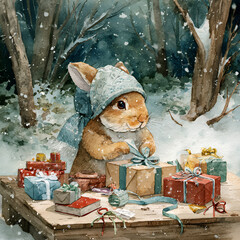Winter scene of a rabbit wrapping presents in a snowy forest during a festive holiday season