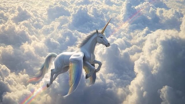 Winged unicorn gracefully soaring among vibrant clouds and rainbow in a magical sky