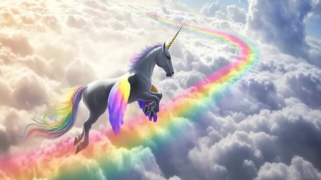 Winged unicorn gracefully soaring among vibrant clouds and rainbow in a magical sky