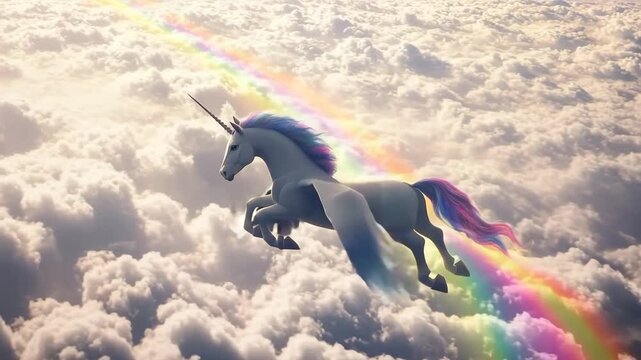 Winged unicorn gracefully soaring among vibrant clouds and rainbow in a magical sky