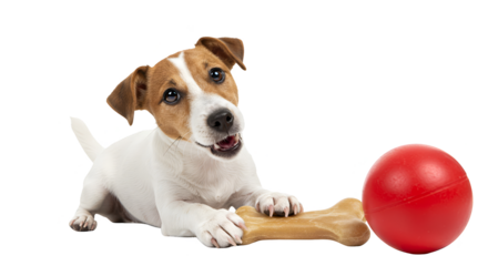 Isolated Photo Jack Russell Terrier Dog Chewing Bone Red Ball