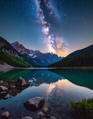 Serene lake, Milky Way, mountains
