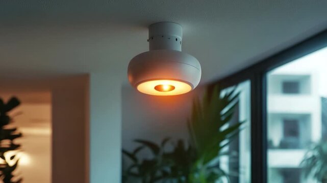 Modern ceiling light fixture illuminating a contemporary indoor space with natural light and green foliage 4k video footage