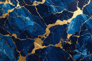 A stunning, luxurious abstract marble texture with rich swirling navy and cobalt blues, dramatically fractured by bright metallic gold veins.