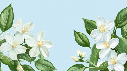 Fototapeta premium Delicate white jasmine flowers bloom with vibrant green leaves against a serene light blue background, perfect for serene and natural designs.