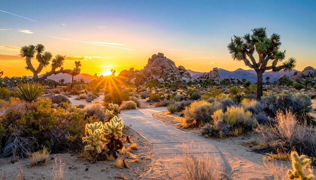 Desert sunset landscape in Joshua Tree National Park with twisted Joshua trees, sandy terrain, desert shrubs, rocky formations, and golden sky with clouds, evoking warmth and iconic arid beauty. - Powered by Adobe