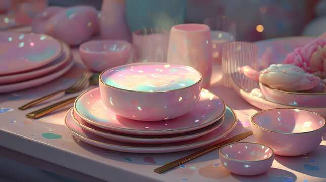 A table with a pink tablecloth and a pink plate with a bowl on it. The table is set with a variety of pink dishes and utensils