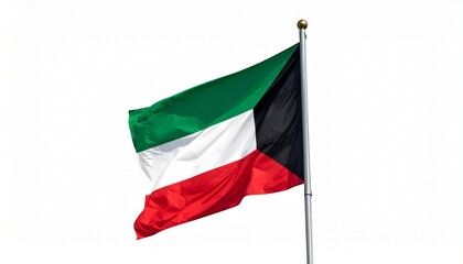 Kuwait national flag with horizontal green, white, and red stripes, black trapezoid on hoist side connecting bands, mounted on flagpole against white background, symbolizing Arab unity and independenc